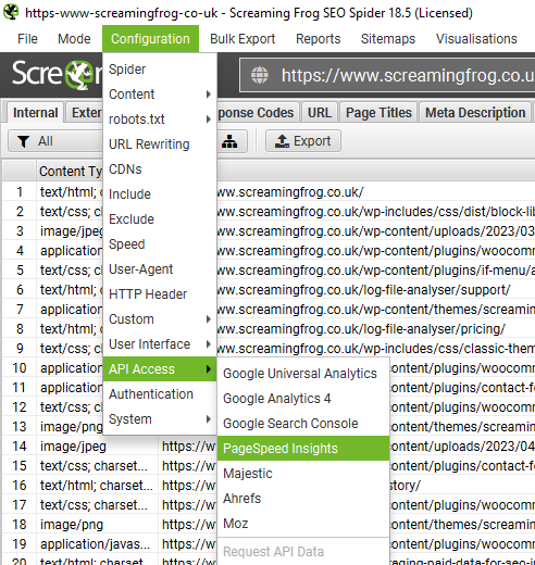 Steps to connecting Screaming Frog with Page Speed Insights