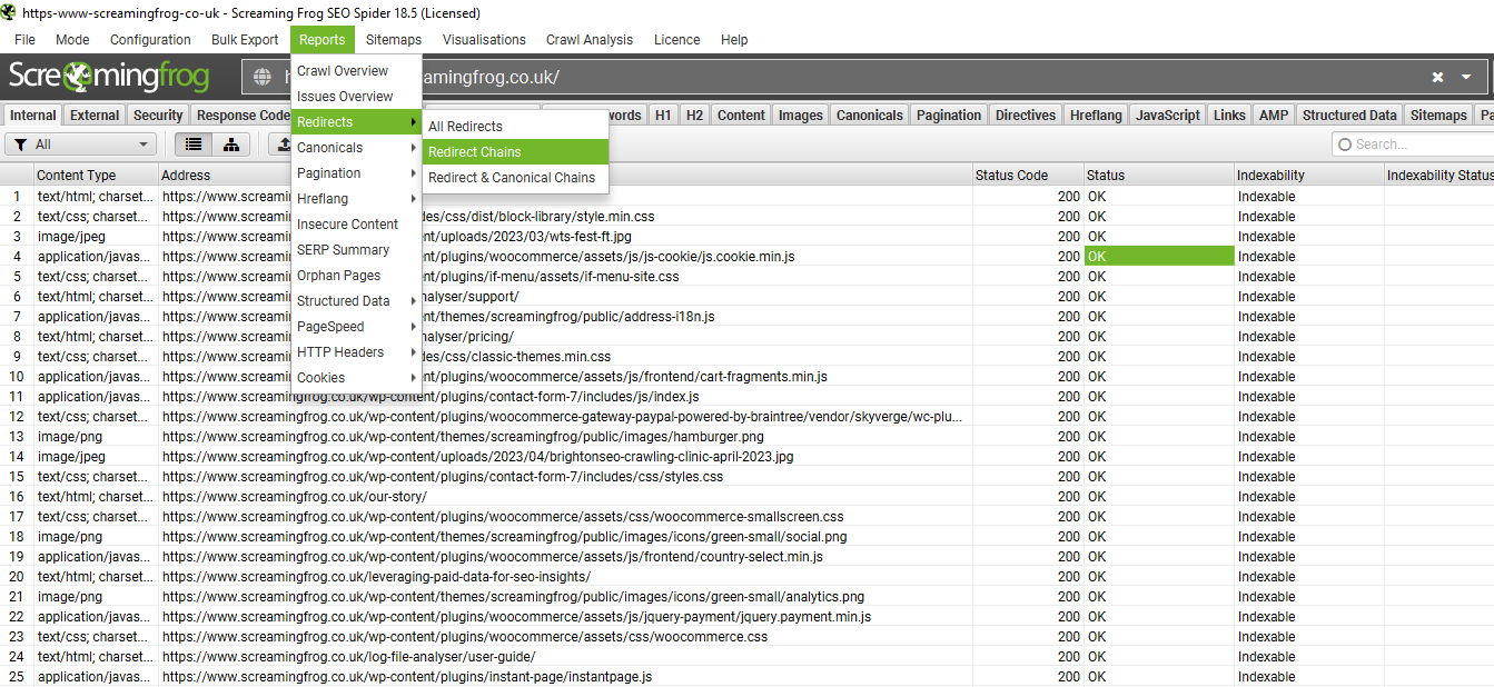 How to check there aren't any long or multiple redirect chains in screaming frog