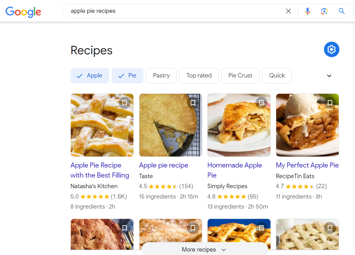 apple pie recipes on Google Search